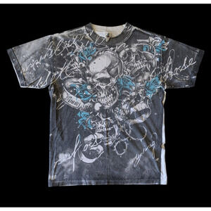 Vintage Miami Ink Skull Rose Tattoo Print T Shirt Medium Adult Art Y2K Grunge